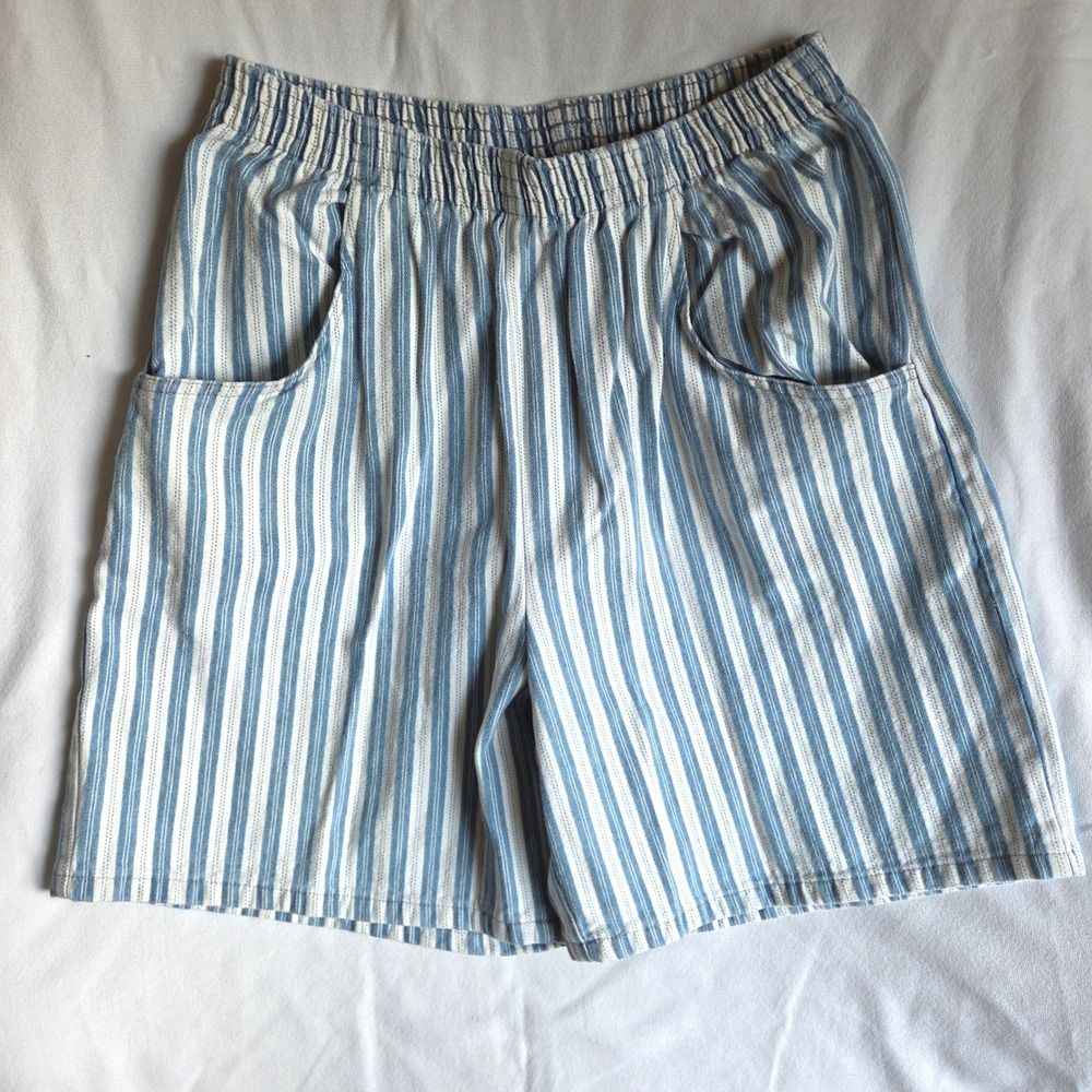 PK Elliot Shorts 16 Blue White Striped‎ Vintage Denim Elastic Waist Pockets USA